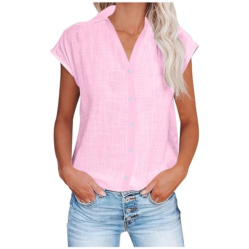 Cihdmfb Musselin Bluse Damen Elegant Einfarbig Leinenbluse Sommer V-Ausschnitt mit Knöpfen Tshirt Große Größen Lässig Locker Oberteile Kurzarm Hemdbluse Baumwolle Leinen Hemd Tops(D Rosa,L) von Cihdmfb