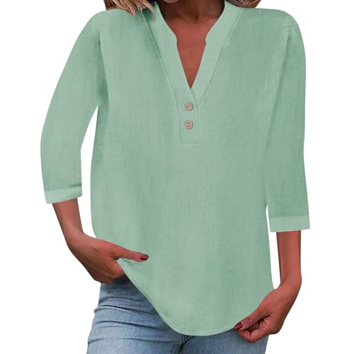 Cihdmfb Musselin Bluse Damen Elegant V-Ausschnitt 3/4 Ärmel Leinenbluse Sommer Einfarbig Knöpfen Langarm Hemd Oberteile Frauen Lässig Tunika Locker Blusenshirt Hemdbluse Tshirt Tops(B Mintgrün,XXL) von Cihdmfb