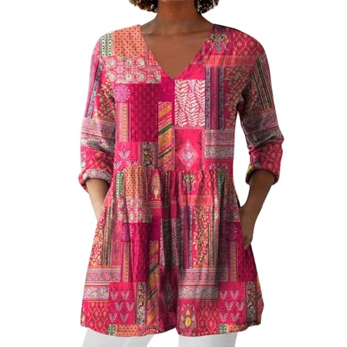 Cihdmfb Oberteile Damen Große Größen V Ausschnitt 3/4-Ärmel Blusenshirt Retro Blumen Druck Longbluse Lässige Locker Leinenbluse für Damen mit Taschen Strand Tunika Tops Tshirt(C Heißes Rosa,3XL) von Cihdmfb
