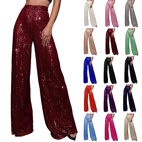 Cihdmfb Pailetten Hose Damen Hosen mit Hoher Taille und Glitzer Pailletten Mode Locker Drapiert Weites Bein Paillettenhose Freizeithose Silvester Outfit Damen Glitzer Geradem Bein Hose(A RD2,L) von Cihdmfb