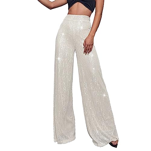 Cihdmfb Pailetten Hose Damen Hosen mit Hoher Taille und Glitzer Pailletten Mode Locker Drapiert Weites Bein Paillettenhose Freizeithose Silvester Outfit Damen Glitzer Geradem Bein Hose(A Weiß,3XL) von Cihdmfb