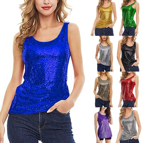 Cihdmfb Pailletten Tanktop Damen 1920er Jahre ärmellose Funkelnde Schimmernde Weste Glitzernde Blusen T-Shirts mit Rundhals Glitzerndes Pailletten Top Rave Party Weste Tank Tops(A Blau,S) von Cihdmfb