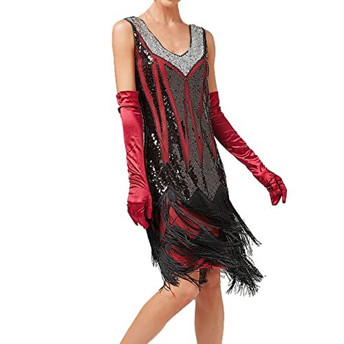 Cihdmfb Partykleid Damen 1920s Kleid Damen Flapper Kleid mit Fransenärmel Party Damen Kostüm Kleid Pailletten Quasten Saum Cocktailkleid Flapper Abschlussballkleid Abendkleid(F Rot,XXL) von Cihdmfb