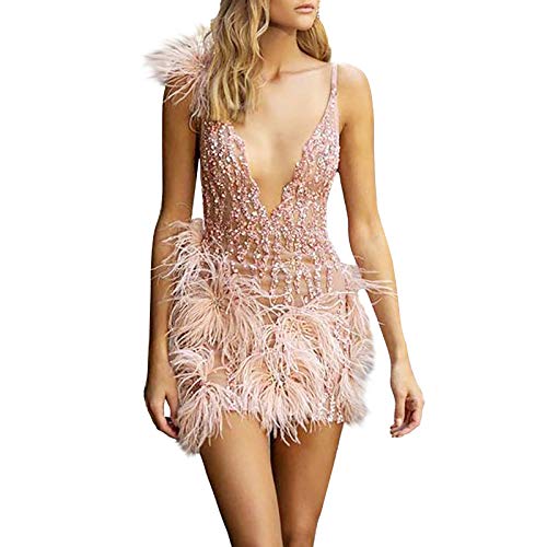 Cihdmfb Partykleid Damen Bodycon Feder Flauschiges Kleid Sexy Langarm Kunstpelzbesatz Mini Cocktail Kleid Elegant Einfarbig Skinny Abendkleid Wrap Paillettenkleid Glitter Ballkleid(C rosa,S) von Cihdmfb