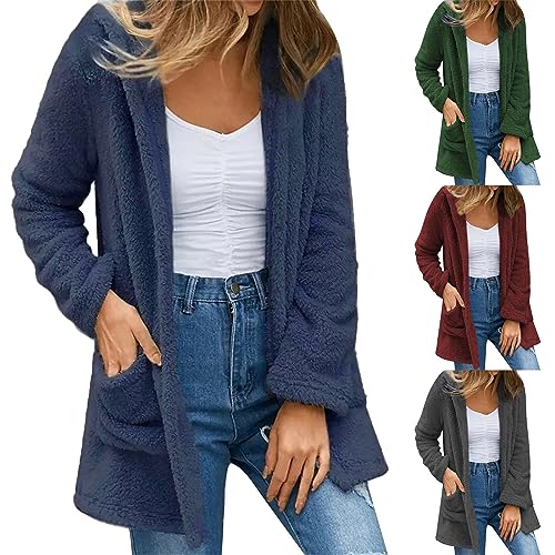 Cihdmfb Plüschjacke Damen Oversize Hoodie Jacke Mantel Winter Langarm Warm Teddy-Fleece Cardigan Kapuzenpullover Sweatshirt mit Kapuze Strickjacke Kapuzenjacke mit Taschen Wintermantel(C Grün,XXL) von Cihdmfb