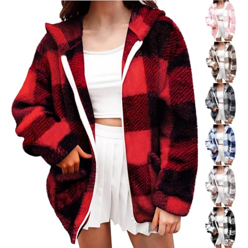 Cihdmfb Plüschjacke Damen Übergröße Kapuzenjacke Mode Patchwork Teddyfleece Winterjacke Winter Warm Teddy-Fleece Plüschjacke mit Reißverschluss Casuale Loose Mantel Outwear mit Taschen(B Rot,5XL) von Cihdmfb