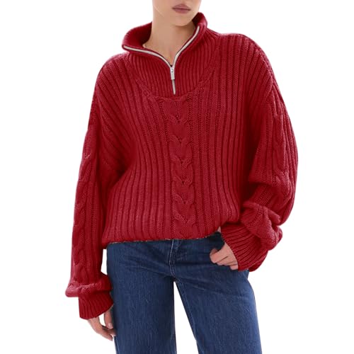 Cihdmfb Pullover Damen 1/4 Reißverschluss Strickpullover Vintage Einfarbig Revers Langarm Stricken Sweater Sweatshirt Grobstrick Pullover Winterpullover Causal Strickpulli(B Rot,XL) von Cihdmfb