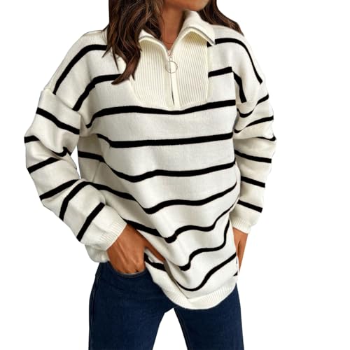 Cihdmfb Pullover Damen 1/4 Reißverschluss Strickpullover Vintage Einfarbig Revers Langarm Stricken Sweater Sweatshirt Grobstrick Pullover Winterpullover Causal Strickpulli(K Schwarz,S) von Cihdmfb