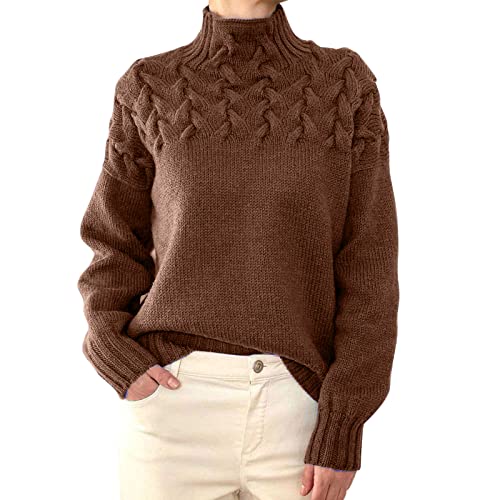 Cihdmfb Pullover Damen Elegant Einfarbig Strickpullover Winter Rollkragenshirt Cable Knit Langarm Winterpullover Casual Lose Grobstrick Weich Stricken Sweater Sweatshirt Oberteil Tops(A Khaki,XL) von Cihdmfb