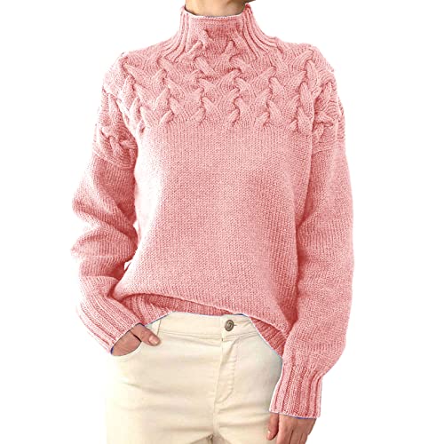 Cihdmfb Pullover Damen Elegant Einfarbig Strickpullover Winter Rollkragenshirt Cable Knit Langarm Winterpullover Casual Lose Grobstrick Weich Stricken Sweater Sweatshirt Oberteil Tops(A Rosa,XL) von Cihdmfb