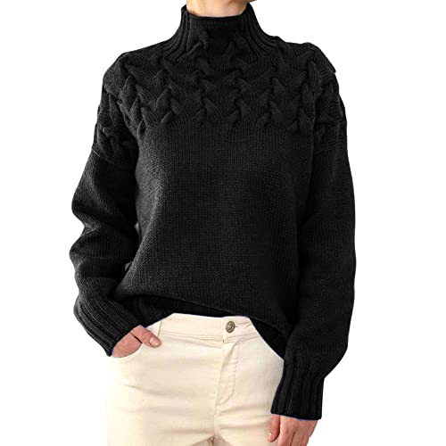 Cihdmfb Pullover Damen Elegant Einfarbig Strickpullover Winter Rollkragenshirt Cable Knit Langarm Winterpullover Casual Lose Grobstrick Weich Stricken Sweater Sweatshirt Oberteil Tops(A Schwarz,XXL) von Cihdmfb