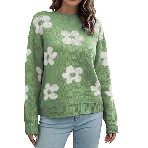 Cihdmfb Pullover Damen Lässige Blumen Print Sweatshirt Pullover Jumper Farbblock Langarmshirt Bluse Elegant Oberteile Bequem Warme Strickpullover Gestrickte Sweatshirt für Winter(AC-Grün,M) von Cihdmfb