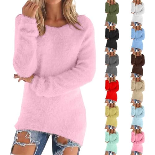 Cihdmfb Pullover Damen Lange Strickpullover Oversize Einfarbig Langarm Plüschpullover Winter Warme Flauschiger Pullis Elegante Rundhals Longpullover Casual Locker Sweater Bluse Tops(A Rosa,4XL) von Cihdmfb