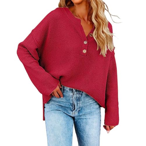 Cihdmfb Pullover Damen Oversize Strickpullover Sexy V-Ausschnitt Langarm Stricken Sweater Sweatshirt mit Knöpfen Casual Winter Elegant Einfarbig Warm Strickpulli Sweater Pullover Tops(A Rot,3XL) von Cihdmfb