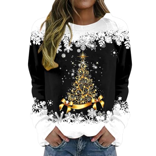 Cihdmfb Pullover Damen Oversize Weihnachtspullover Elegant Weihnachten Rot Weinglas Druck Rundhals Langarmshirts Frauen Streetwear Lässiges Christmas Sweatshirts Oberteile Tops(B Negro,6XL) von Cihdmfb