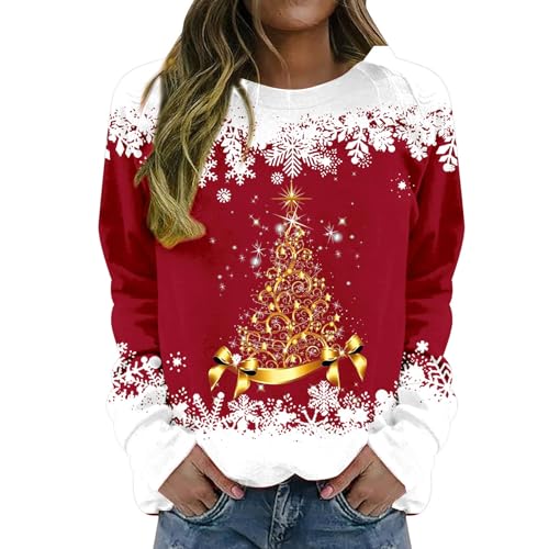 Cihdmfb Pullover Damen Oversize Weihnachtspullover Elegant Weihnachten Rot Weinglas Druck Rundhals Langarmshirts Frauen Streetwear Lässiges Christmas Sweatshirts Oberteile Tops(B Rojo,S) von Cihdmfb