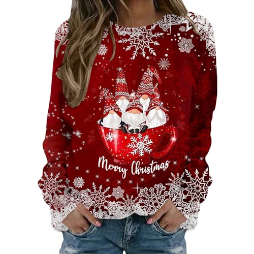 Cihdmfb Pullover Damen Oversize Weihnachtspullover Elegant Weihnachten Rot Weinglas Druck Rundhals Langarmshirts Frauen Streetwear Lässiges Christmas Sweatshirts Oberteile Tops(C Rojo,XXL) von Cihdmfb