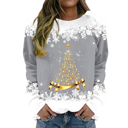 Cihdmfb Pullover Damen Oversize Weihnachtspullover Elegant Weihnachten Rot Weinglas Druck Rundhals Langarmshirts Frauen Streetwear Lässiges Christmas Sweatshirts Oberteile Tops(B Gris,S) von Cihdmfb