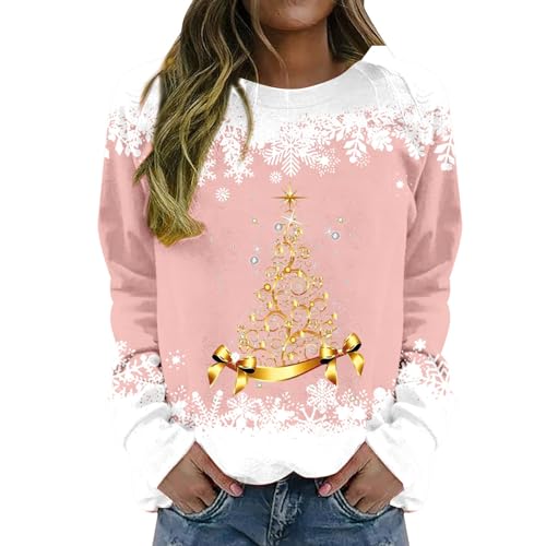 Cihdmfb Pullover Damen Oversize Weihnachtspullover Elegant Weihnachten Rot Weinglas Druck Rundhals Langarmshirts Frauen Streetwear Lässiges Christmas Sweatshirts Oberteile Tops(B Rosa,XL) von Cihdmfb