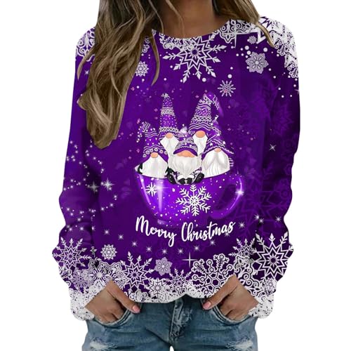 Cihdmfb Pullover Damen Oversize Weihnachtspullover Elegant Weihnachten Rot Weinglas Druck Rundhals Langarmshirts Frauen Streetwear Lässiges Christmas Sweatshirts Oberteile Tops(C Morado,4XL) von Cihdmfb