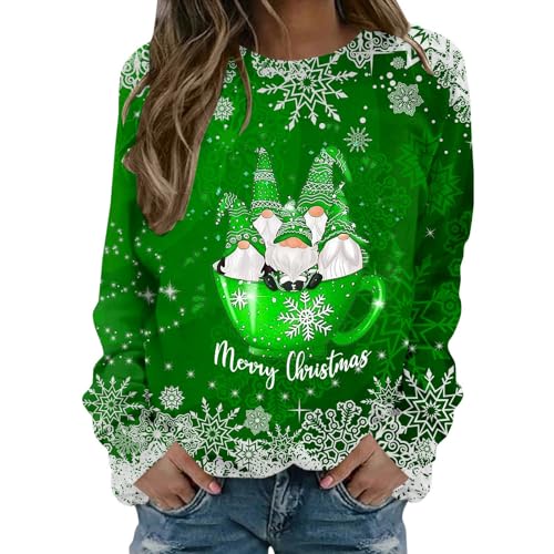Cihdmfb Pullover Damen Oversize Weihnachtspullover Elegant Weihnachten Rot Weinglas Druck Rundhals Langarmshirts Frauen Streetwear Lässiges Christmas Sweatshirts Oberteile Tops(C Verde,4XL) von Cihdmfb
