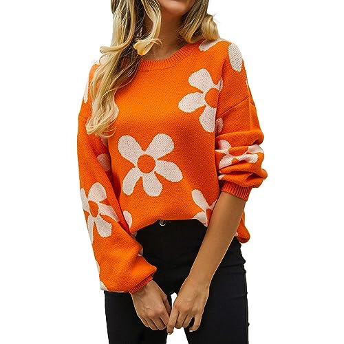 Cihdmfb Pullover Damen Vintage Blumen Druck Strickpullover Rundhals Langarm Stricken Sweater Sweatshirt Winter Lässige Locker Pulli Warme Blusen Oberteile Tops(A Orange,M) von Cihdmfb