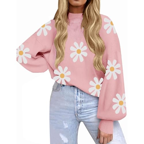 Cihdmfb Pullover Damen Vintage Blumen Druck Strickpullover Rundhals Langarm Stricken Sweater Sweatshirt Winter Lässige Locker Pulli Warme Blusen Oberteile Tops(B Rosa,S) von Cihdmfb