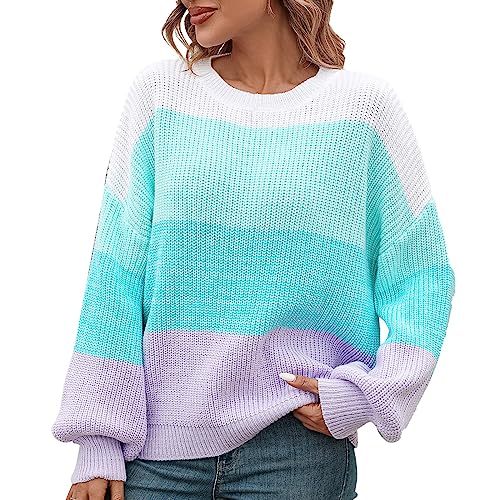 Cihdmfb Pullover Damen Vintage Print Langarm Rundhals Strickpullover Gestreift Loose Fit Sweater Colorblock Sweatshirt Winter Elegant Pulli Warme Lose Blusen Oberteile Tops(AJ-Grün,S) von Cihdmfb