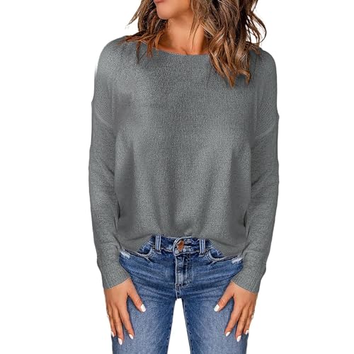 Cihdmfb Pullover Damen Winter Warm Langarm Strickpullover Elegant Einfarbig Casual Lockerer Sweater Sweatshirt Asymmetrische Saum Jumper Rundhals Strickpulli Weich Bequem Winterpullover(D Grau,L) von Cihdmfb