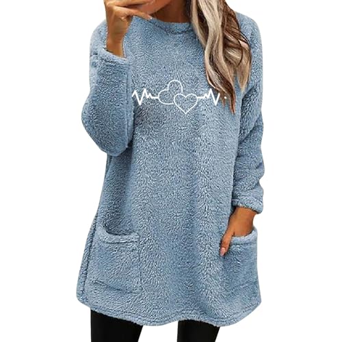 Cihdmfb Pullover Damen Winter Warm Teddy-Fleece Sweaterpullover mit Tasche Oversize Herz Druck Sweatshirt Rundhals Langarm Lose Casual Langarmshirt Pulli Oberteile Tops(A Blau,XL) von Cihdmfb