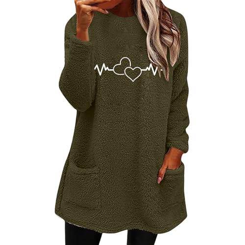 Cihdmfb Pullover Damen Winter Warm Teddy-Fleece Sweaterpullover mit Tasche Oversize Herz Druck Sweatshirt Rundhals Langarm Lose Casual Langarmshirt Pulli Oberteile Tops(A Grün,3XL) von Cihdmfb