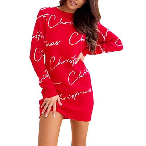 Cihdmfb Pulloverkleid Damen Weihnachten Rentier Druck Strickkleid Weihnachtskleid Sexy Rundhals Langarm Pullikleid Slim Fit Wickelrock Sweatshirts Weihnachtsthema Partykleid Dresses(I Rot,S) von Cihdmfb