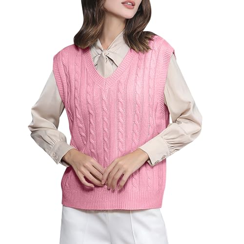 Cihdmfb Pullunder Damen V-Ausschnitt Stricken Weste Pullunder Ärmellos Strick Casual Pullunder Strickweste Oversize Einfarbig Casual Strick Tank Top Sweater Freizeit Pullunder(A Rosa,L) von Cihdmfb