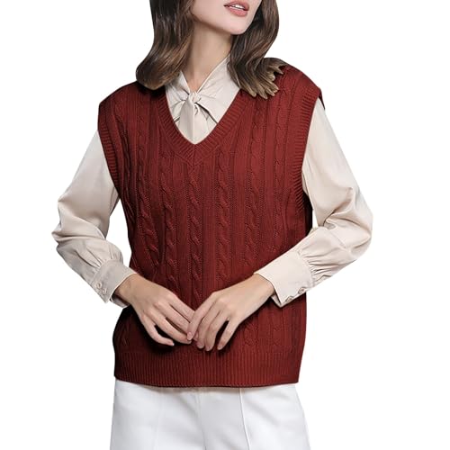 Cihdmfb Pullunder Damen V-Ausschnitt Stricken Weste Pullunder Ärmellos Strick Casual Pullunder Strickweste Oversize Einfarbig Casual Strick Tank Top Sweater Freizeit Pullunder(A Rot,S) von Cihdmfb