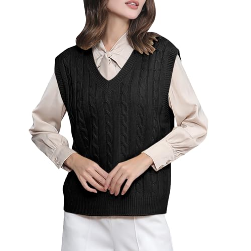 Cihdmfb Pullunder Damen V-Ausschnitt Stricken Weste Pullunder Ärmellos Strick Casual Pullunder Strickweste Oversize Einfarbig Casual Strick Tank Top Sweater Freizeit Pullunder(A Schwarz,4XL) von Cihdmfb