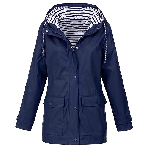 Cihdmfb Regenjacke Damen Wasserdicht Atmungsaktiv Regenmantel Große Größe Streifen Print Übergangsjacke Leicht Jacke Windbreaker Mit Kapuze und Taschen Softshelljacke Outdoorjacke(A Dunkelblau,L) von Cihdmfb