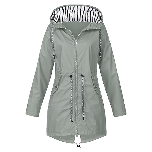 Cihdmfb Regenjacke Damen Wasserdicht Atmungsaktiv Regenmantel Große Größe Streifen Print Übergangsjacke Leicht Jacke Windbreaker Mit Kapuze und Taschen Softshelljacke Outdoorjacke(C Grau,5XL) von Cihdmfb