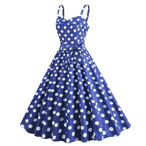 Cihdmfb Rockabilly Kleider Damen Vintage 50s Cocktailkleid Ärmellos Spaghettiträger Polka Dot Swing Faltenrock Partykleid A Linie Knielang Swing Kleid Festlich Abendkleid Ballkleid(A Blau,XL) von Cihdmfb