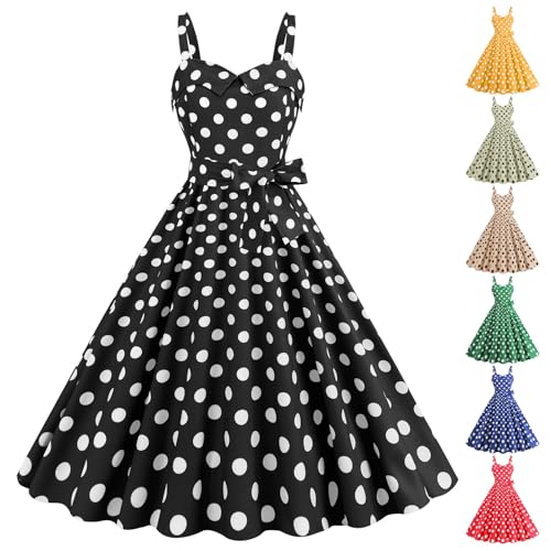 Cihdmfb Rockabilly Kleider Damen Vintage 50s Cocktailkleid Ärmellos Spaghettiträger Polka Dot Swing Faltenrock Partykleid A Linie Knielang Swing Kleid Festlich Abendkleid Ballkleid(A Schwarz,XL) von Cihdmfb