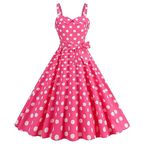 Cihdmfb Rockabilly Kleider Damen Vintage 50s Cocktailkleid Ärmellos Spaghettiträger Polka Dot Swing Faltenrock Partykleid A Linie Knielang Swing Kleid Festlich Abendkleid Ballkleid(B Heißes Rosa,M) von Cihdmfb