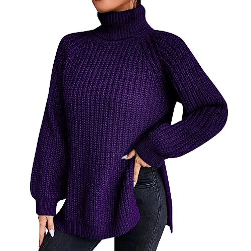 Cihdmfb Rollkragenpullover Damen Elegant Einfarbig Rollkragen Langarm Strickpullover Casual Lose Stricken Pulli Sweatshirt Langarmshirt Side Slit Weich Rippstrick Pullover Oberteil(AA-Lila,S) von Cihdmfb