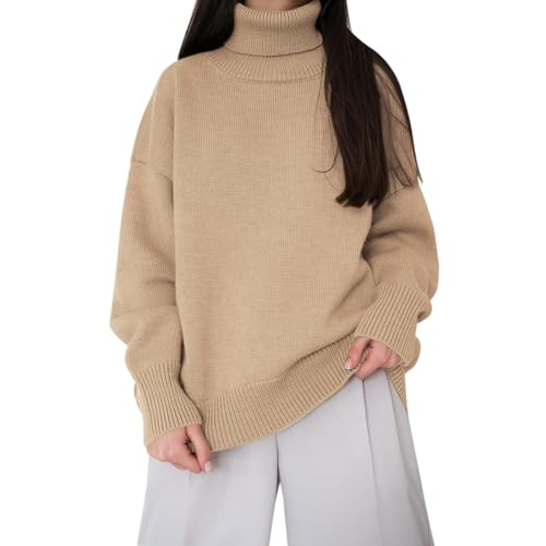 Cihdmfb Rollkragenpullover Damen Elegante Einfarbrig Strickpullover Winter Rollkragen Langarm Lässiges Locker Strickpulli Stretch Pullover in Weich Feinstrick Langarm Rolli Sweater(A Khaki,L) von Cihdmfb