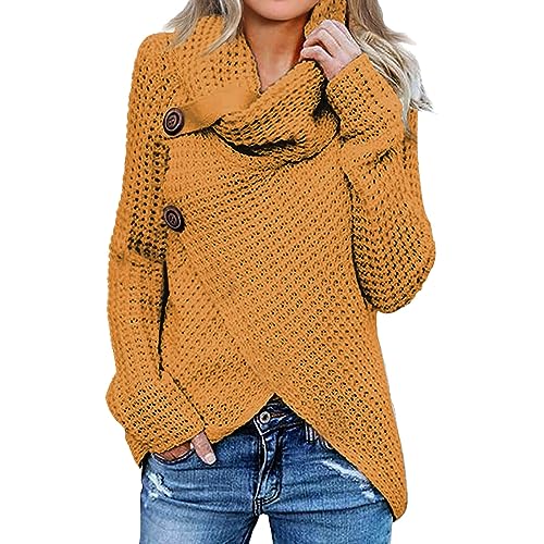 Cihdmfb Rollkragenpullover Damen Oversize Strickpullover Winter Solide Rollkragen Cowl Neck Asymmetrischer Grobstrick Warm Lässige Lose Winterpullover Knopf Sweater Oberteil Tops(A Orange,3XL) von Cihdmfb