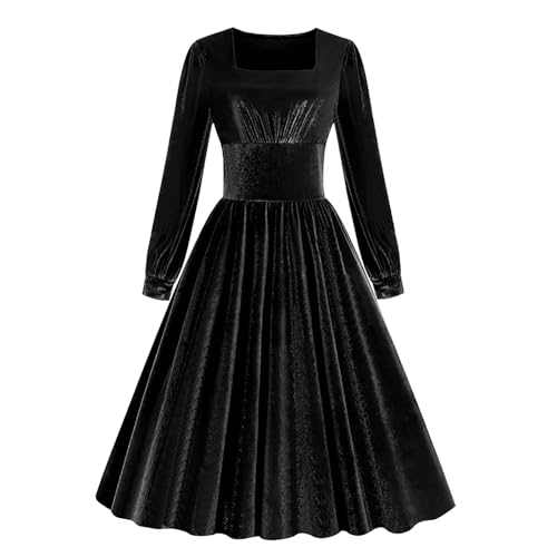 Cihdmfb Samtkleid Damen Elegant Einfarbig Square Neck Langarm Cocktailkleid Abendkleid Bodycon Festliches Partykleid Knielang Ballkleider A-Linie Swing Kleid Winterkleid für Hochzeit(A Schwarz,XXL) von Cihdmfb