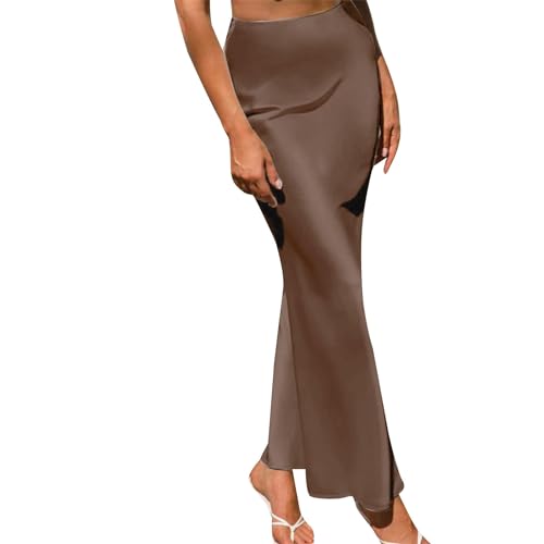 Cihdmfb Satin Rock Damen Hohe Taille A-Linie Langer Rock Versteckter Elastischer Bund Ausgestellter Elegant Einfarbig Midirock mit Seitenschlitz(E Kaffee,S) von Cihdmfb