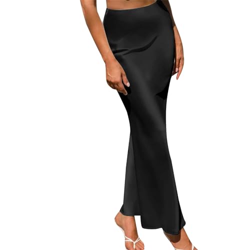 Cihdmfb Satin Rock Damen Hohe Taille A-Linie Langer Rock Versteckter Elastischer Bund Ausgestellter Elegant Einfarbig Midirock mit Seitenschlitz(E Schwarz,M) von Cihdmfb