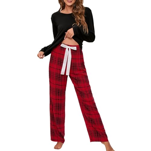 Cihdmfb Schlafanzug Damen Lang Pyjama Set Zweiteiliger Nachtwäsche mit Rundhals Sleepwear und Karierte Elastischer Bund Pyjamahose Hausanzug Freizeitanzug für Frühling(A Schwarz,5XL) von Cihdmfb