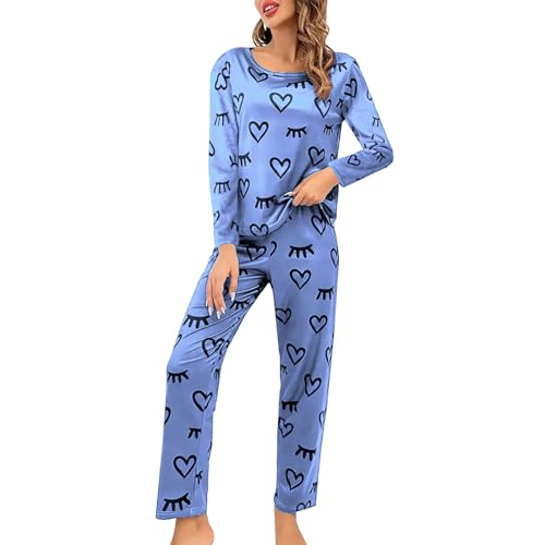 Cihdmfb Schlafanzug Damen Lang Pyjama Set Zweiteiliger Nachtwäsche mit Rundhals Sleepwear und Karierte Elastischer Bund Pyjamahose Hausanzug Freizeitanzug für Frühling(G Blau,3XL) von Cihdmfb