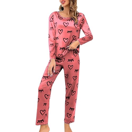 Cihdmfb Schlafanzug Damen Lang Pyjama Set Zweiteiliger Nachtwäsche mit Rundhals Sleepwear und Karierte Elastischer Bund Pyjamahose Hausanzug Freizeitanzug für Frühling(G Rosa,XXL) von Cihdmfb