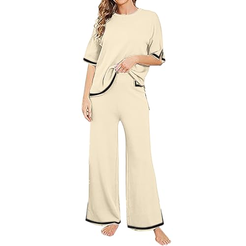Cihdmfb Schlafanzug Damen Lang Pyjama Set Zweiteiliger Nachtwäsche mit Rundhals Sleepwear und Karierte Elastischer Bund Pyjamahose Hausanzug Freizeitanzug für Frühling(H Beige,M) von Cihdmfb